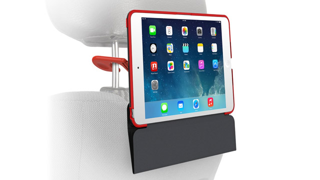 In-car backseat passenger viewing iPad mini with Retina display case that shifts into a protective folio with adjustable stand.